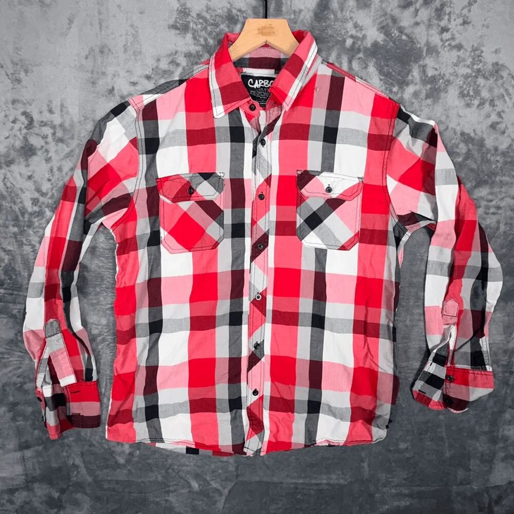 Carbon Mens Red Plaid Long Sleeve Button Up Shirt Large‎ Casual Flannel Western